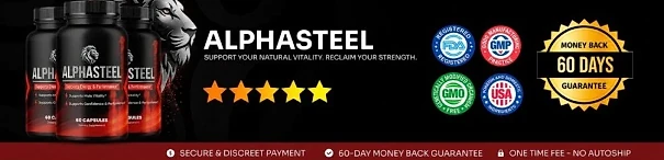 AlphaSteel: FDA-registered, GMP, GMO-free, USA and 60-day money-back guarantee badges