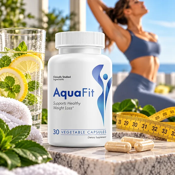 AquaFit bottle with capsules beside a glass of lemon water and a measuring tape