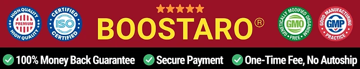 Boostaro: quality, GMO-free and GMP badges, money-back guarantee and secure payment