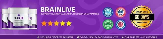 BrainLive: FDA-registered, GMP, GMO-free, USA and 60-day money-back guarantee badges