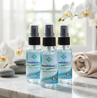 Three BreathEaseX oral spray bottles on a marble counter beside white orchids and a folded towel