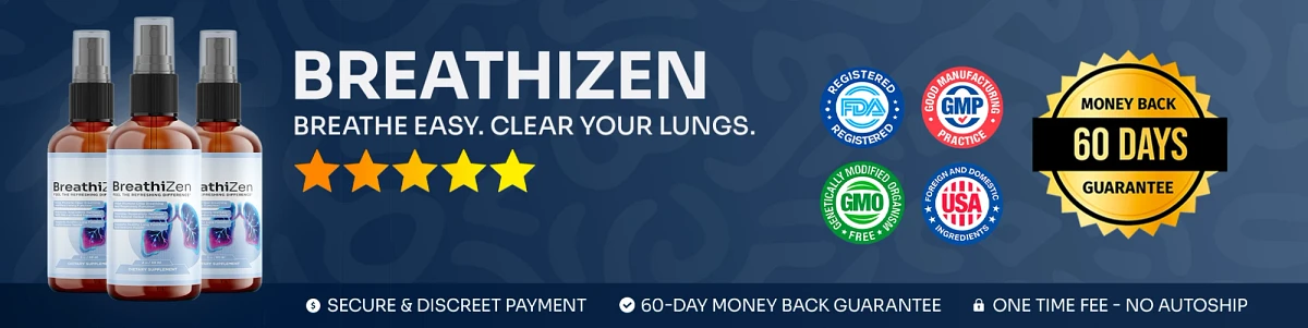 BreathiZen: FDA-registered, GMP, GMO-free, USA ingredients and 60-day money-back guarantee badges
