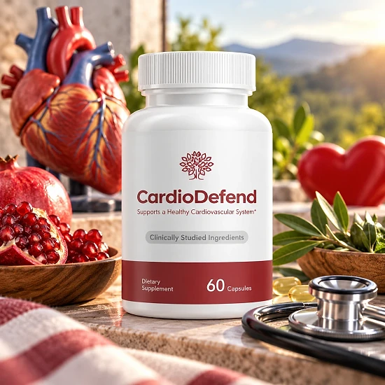 CardioDefend bottle with pomegranate, a heart model and a stethoscope