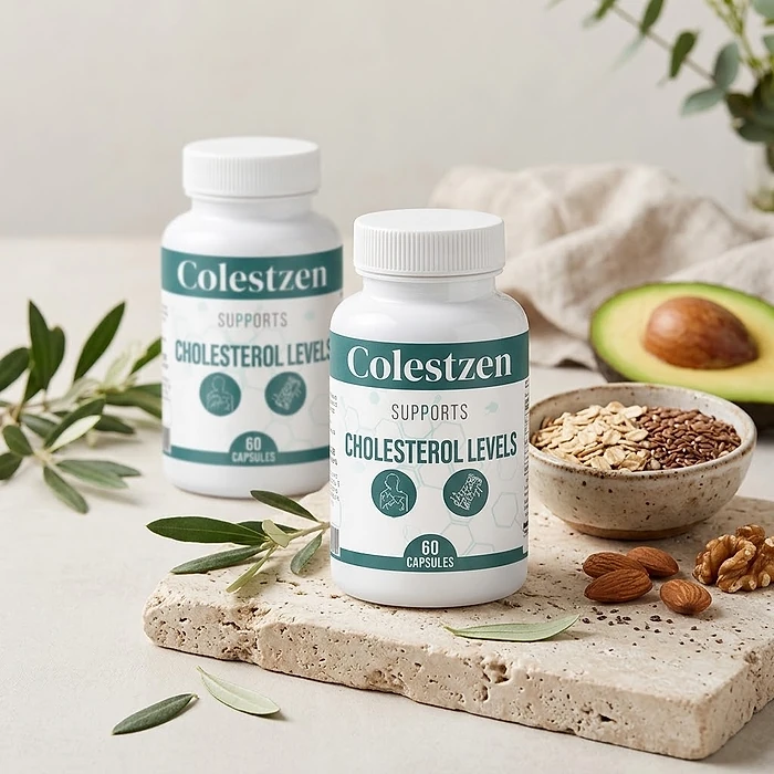 Two ColestZen bottles on a travertine stone beside a bowl of oats and flaxseed, almonds, walnuts and an avocado