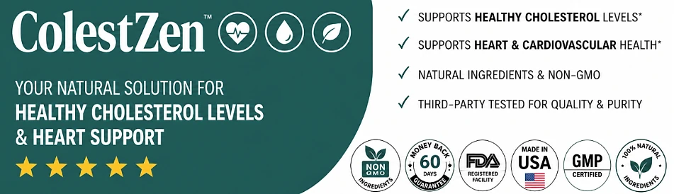 ColestZen: non-GMO, 60-day money-back guarantee, FDA-registered facility, made in USA, GMP and natural ingredients badges
