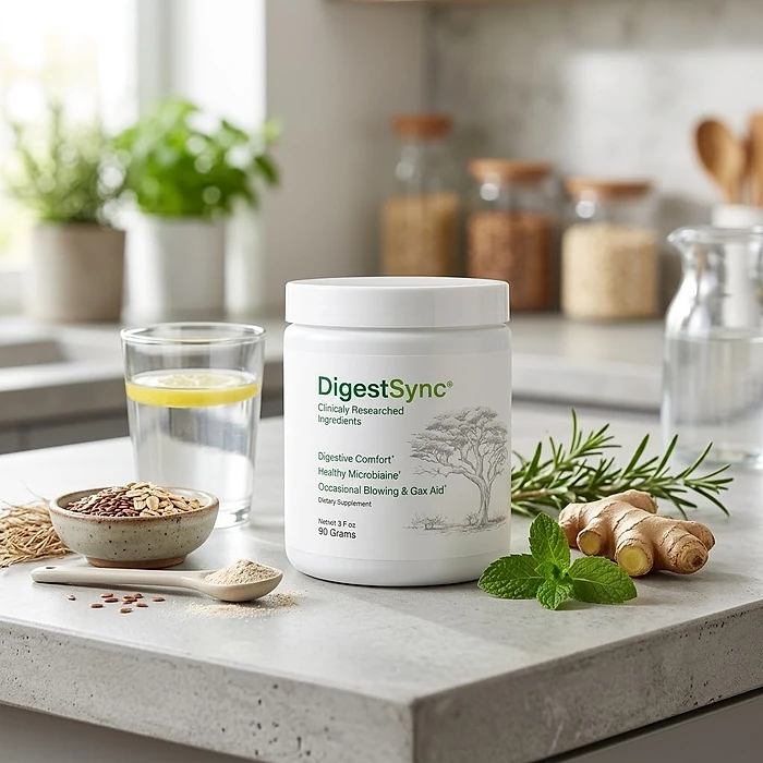 A DigestSync jar on a kitchen counter beside a glass of lemon water, a bowl of oats and flaxseed, ginger and mint