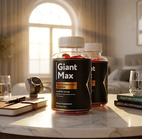 Two Giant Max bottles on a marble table beside a notebook and a watch