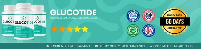 GlucoTide: FDA-registered, GMP, GMO-free and USA badges with a 60-day money-back guarantee