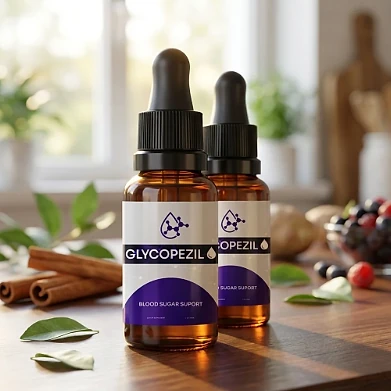 Two GlycoPezil dropper bottles on a wooden table beside cinnamon sticks and berries