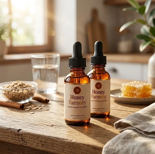 Two Honey Harmony dropper bottles on a kitchen counter