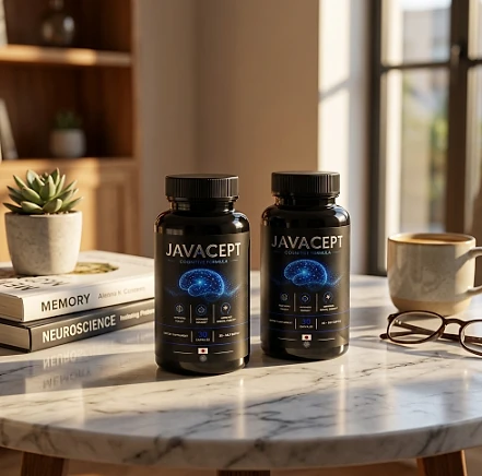 Two Javacept bottles on a marble table beside books on memory and neuroscience and a cup of coffee