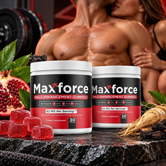 Two Maxforce gummy jars on a black stone beside red gummies, a pomegranate, ginseng root and dried fruit