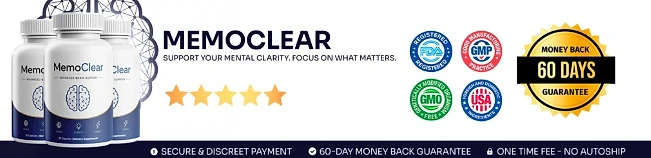 MemoClear: FDA-registered, GMP, GMO-free and USA badges with a 60-day money-back guarantee
