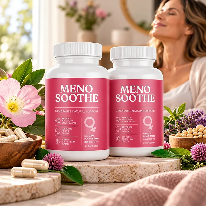 MenoSoothe bottles beside red clover, evening primrose, lavender and capsules