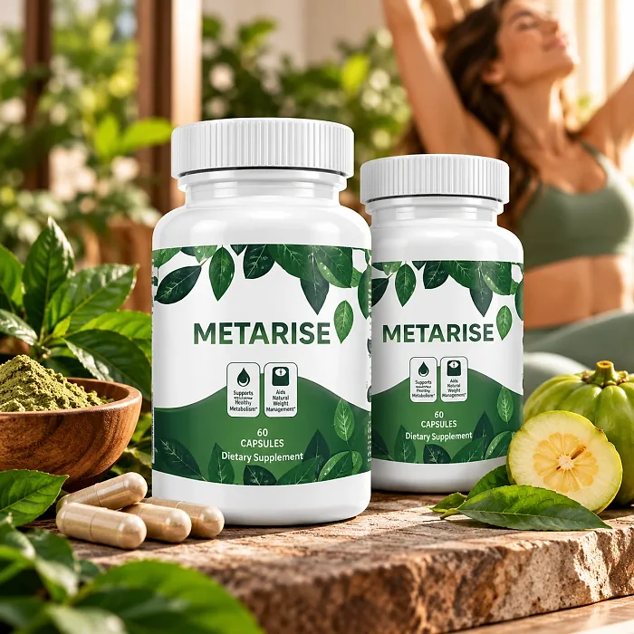 Metarise capsule bottles beside a bowl of green powder, capsules and fresh garcinia fruit
