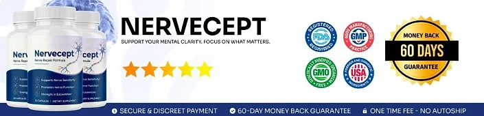 Nervecept: FDA-registered, GMP, GMO-free, USA and 60-day money-back guarantee badges
