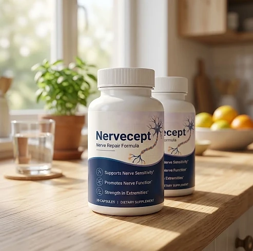Two Nervecept bottles on a kitchen counter