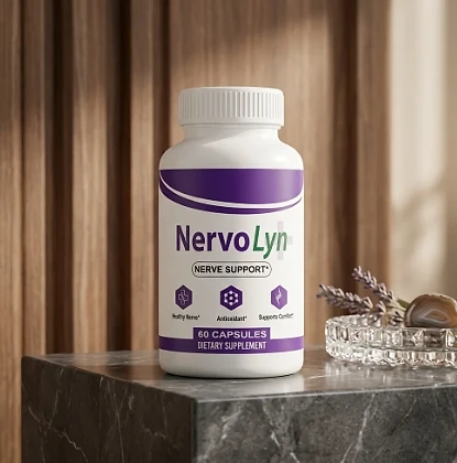 Nervolyn bottle on a dark marble block beside dried lavender in a glass dish