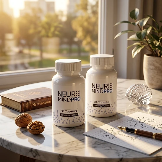 Two NeuroMind Pro bottles on a marble table by a window