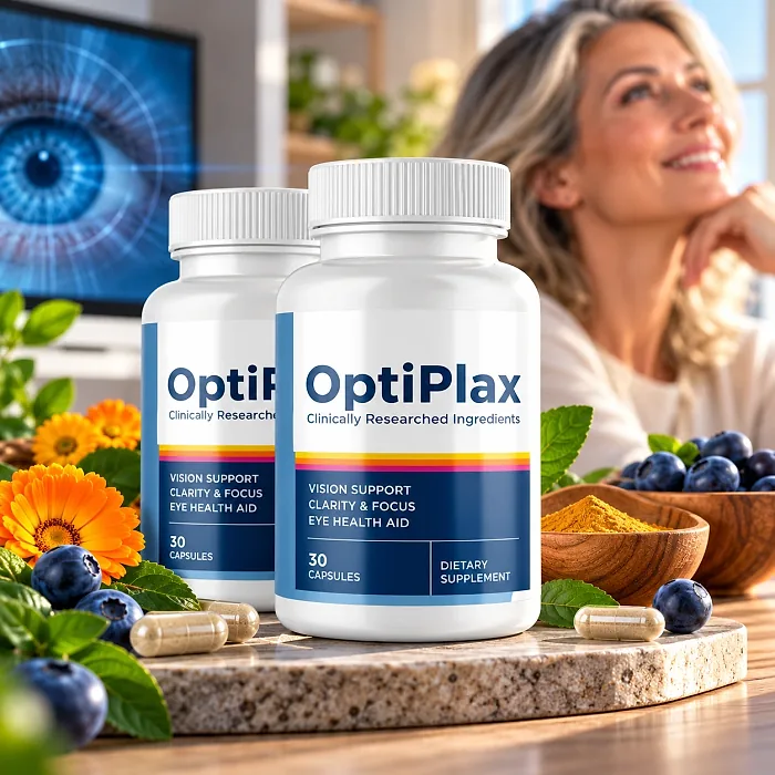 OptiPlax bottles beside blueberries, marigold flowers and capsules