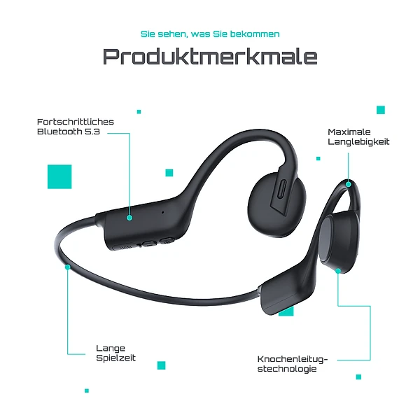 OsseoWave Produktmerkmale: Bluetooth 5.3, Knochenleitung, lange Spielzeit
