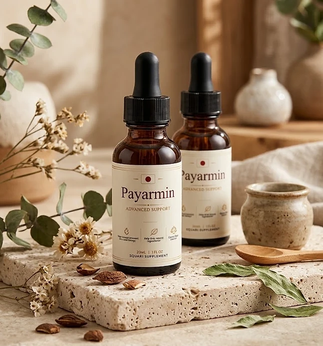 Two Payarmin dropper bottles on a travertine stone beside dried flowers and a wooden spoon