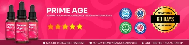 Prime Age: FDA-registered, GMP, GMO-free, USA and 60-day money-back guarantee badges