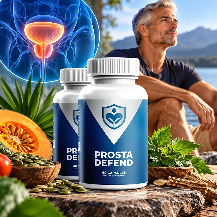 Two Prosta Defend bottles on a stone by a lake beside pumpkin seeds, nettle leaves and pygeum bark