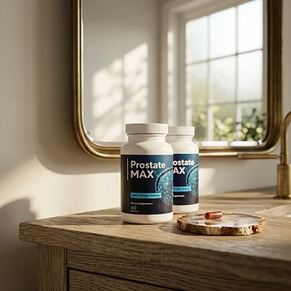 Two Prostate Max bottles on a wooden dresser in front of a mirror