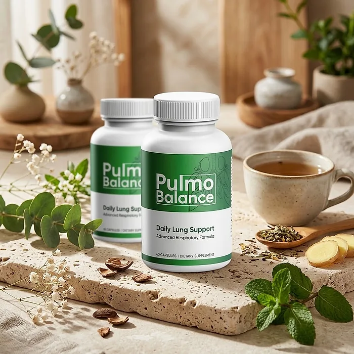 Two Pulmo Balance bottles on a stone slab beside a cup of herbal tea, eucalyptus, ginger slices and mint