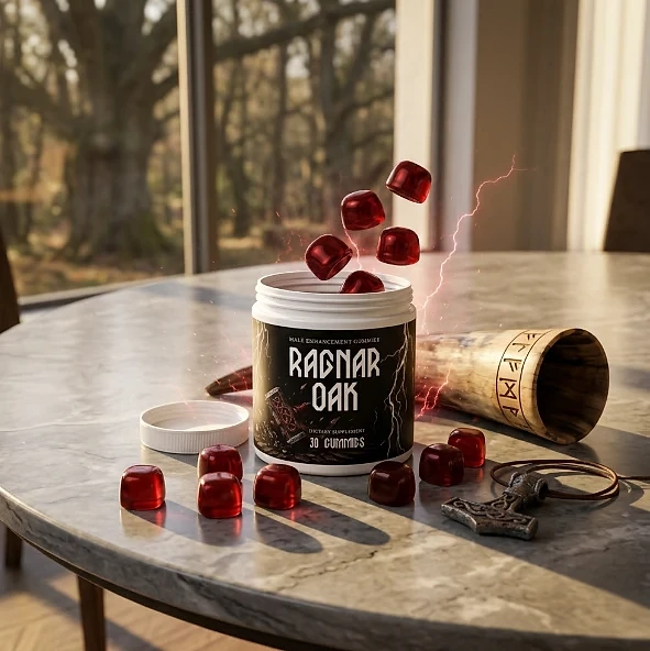 Open RagnarOak jar with red gummies on a marble table