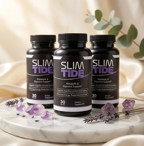 Three SlimTide bottles on a marble tray beside sprigs of lavender