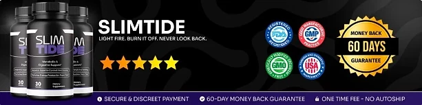 SlimTide: FDA-registered, GMP, GMO-free and USA badges with a 60-day money-back guarantee