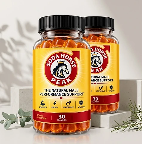 Two SodaHorsePeak bottles on white blocks beside rosemary sprigs