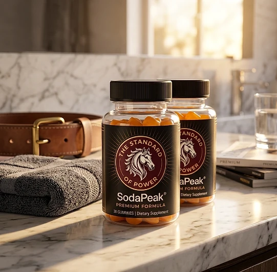 Two SodaPeak bottles on a marble bathroom counter