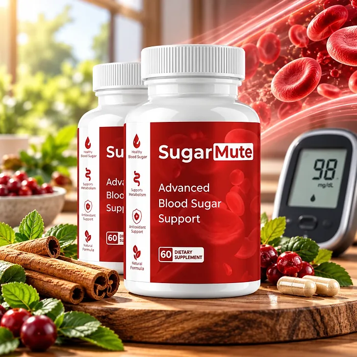 Two SugarMute bottles on a wooden board beside cinnamon sticks, cranberries, mint and a glucose meter