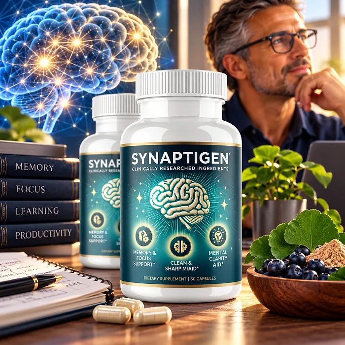 Synaptigen bottles on a desk beside books, a notebook, blueberries and ginkgo leaves