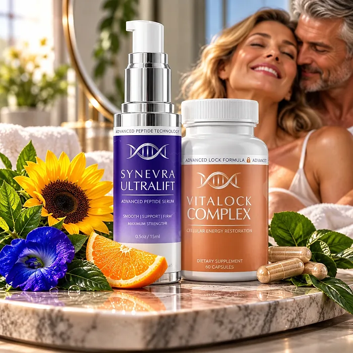The Synevra UltraLift serum and VitaLock Complex bottle on a marble tray beside a sunflower, a blue flower, an orange slice and capsules