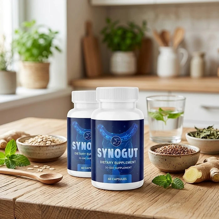 Two SynoGut bottles on a wooden kitchen table beside bowls of oats and flaxseed, ginger, mint and a glass of water