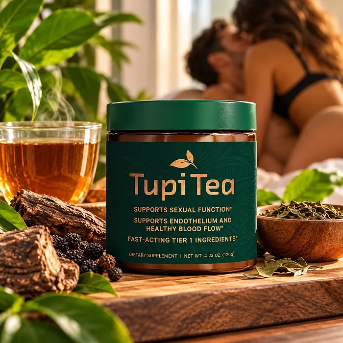 Tupi Tea jar on a wooden board with herbs, bark and a cup of tea