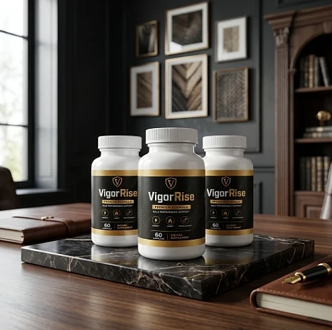 Three VigorRise bottles on a marble slab in a dark study