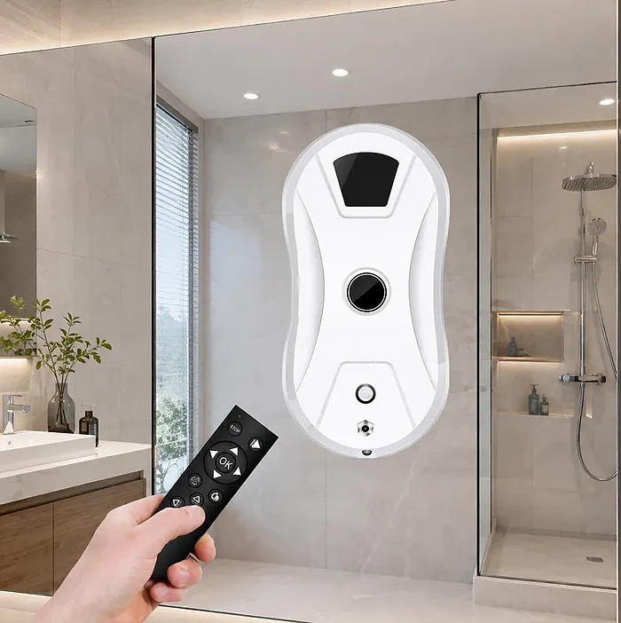 Whirlclean GeckoTwist an einer Duschwand mit Fernbedienung